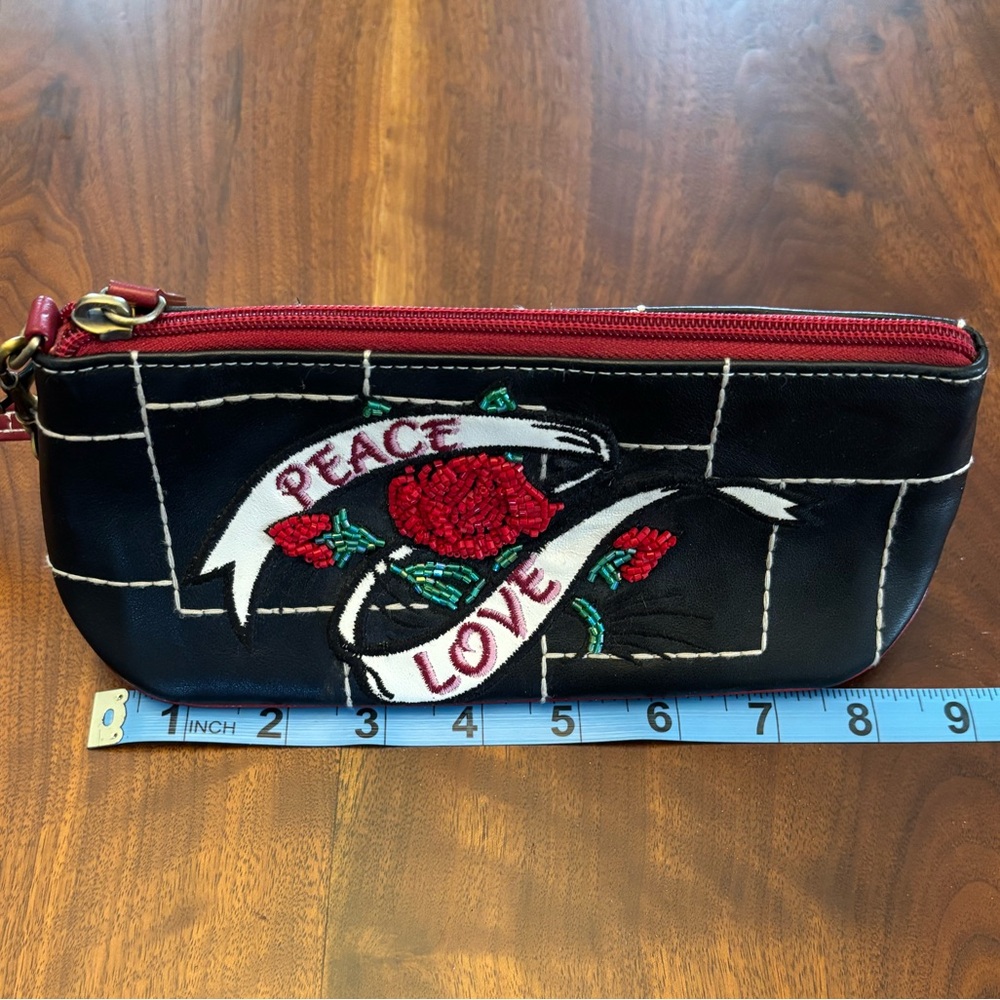 Vintage Isabella Fiore Peace Love Black Red Embroidered Beaded Wristlet Clutch - Picture 7 of 11